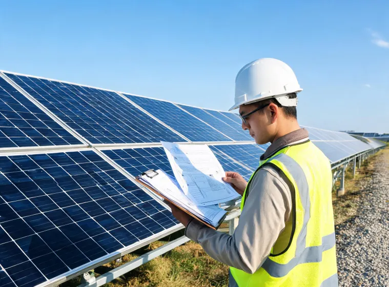 Solar engineer reviewing project documentation